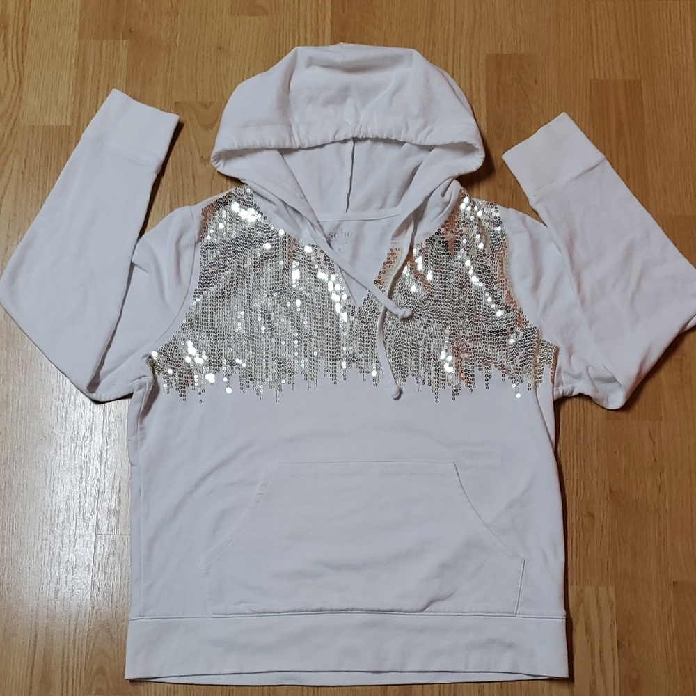 New York & Company White Hoodie with Silver Sequins